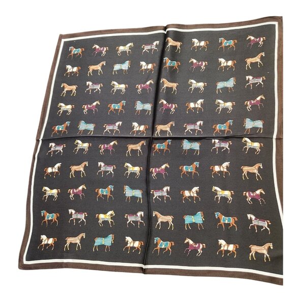 Luxury Black 100% Silk Equestrian Horse Print Scarf With Brown Border Decorative - Picture 4 of 12